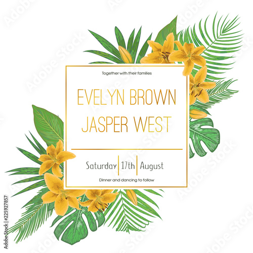 Wedding floral invitation, invite card. Vector watercolor style, yellow lily flowers, tropical palm leaves, monstera, kentia palm trees, diffenbachia, coconut. decorative square