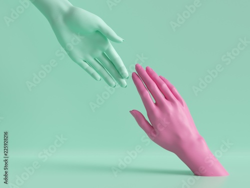 3d render, female hands isolated, minimal fashion background, mannequin body parts, helping hands, partnership concept, pink mint pastel colors