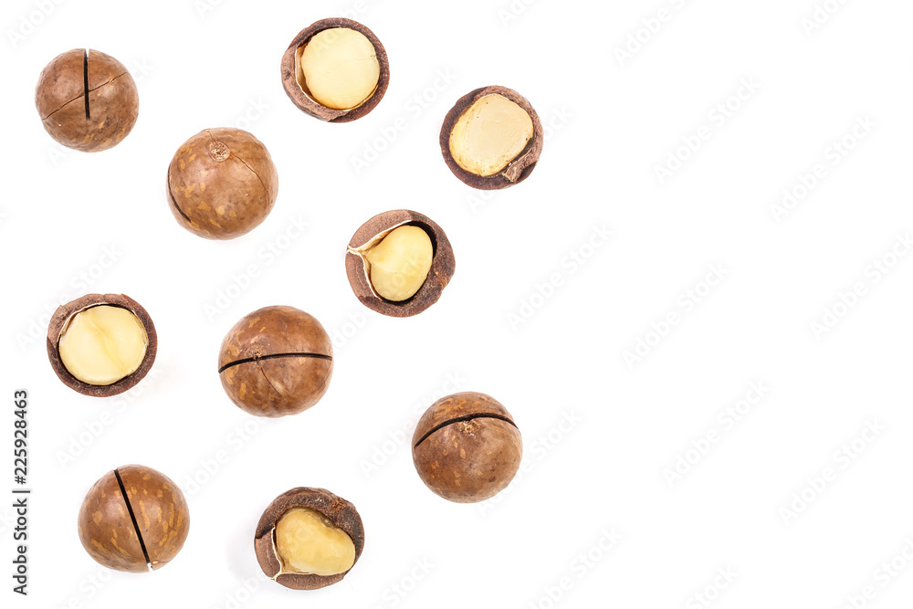Shelled and unshelled macadamia nuts isolated on white background with copy space for your text. Top view. Flat lay pattern Shelled and unshelled macadamia nuts isolated on white background with copy space for your text. Top view. Flat lay pattern