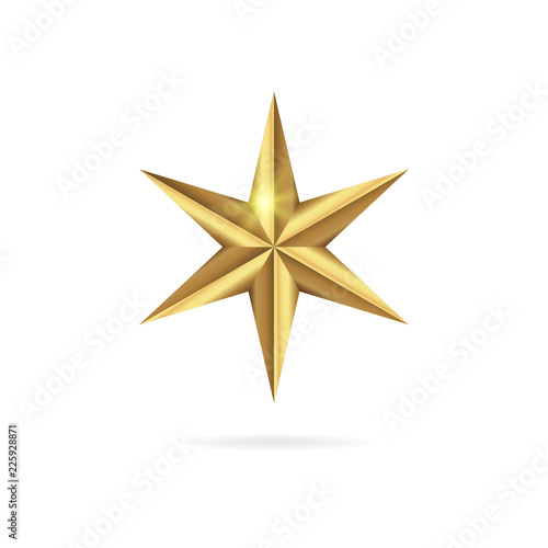 Realistic golden 3D star icon isolated on white background.