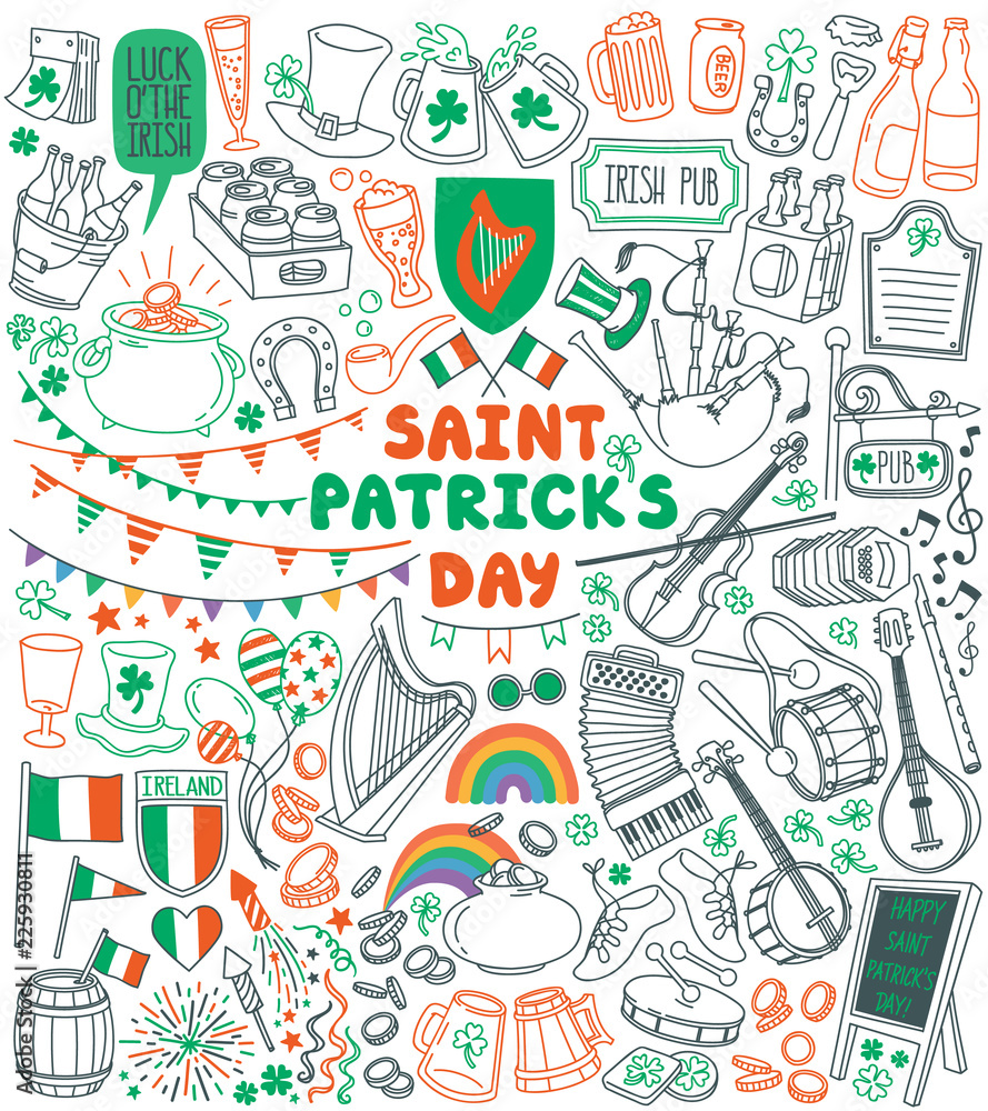 Saint Patrick's Day traditional symbols. Irish music, flags, beer mugs,  clover, pub decoration, rainbow, leprechaun hat, pot of gold coins. Hand drawn vector illustration isolated on white background