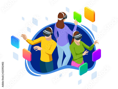 Isometric man and woman using a virtual reality glasses. Futuristic gadgets, virtual reality headset concept for web banner flat design of promotion