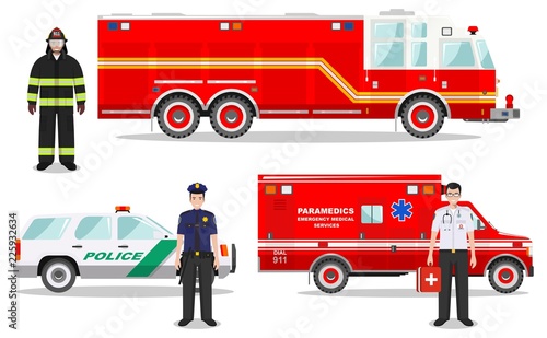 Emergency concept. Detailed illustration of firefighter, doctor, policeman with fire truck, ambulance and police car in flat style on white background. Vector illustration.