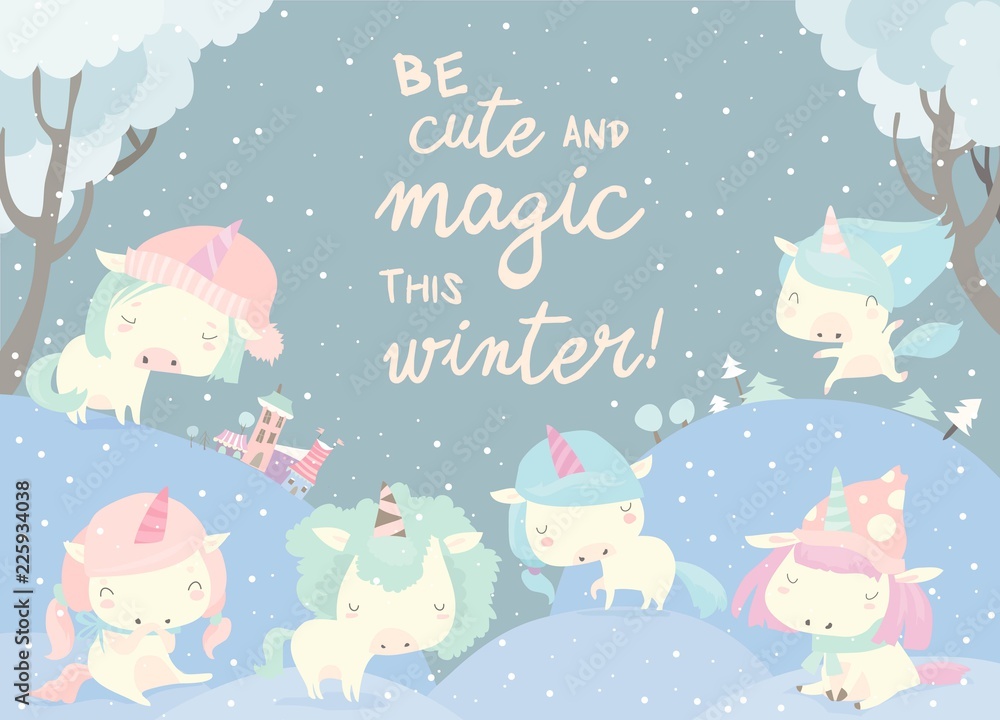 Funny unicorns in snow forest. Magic winter Funny unicorns in snow forest. Magic winter
