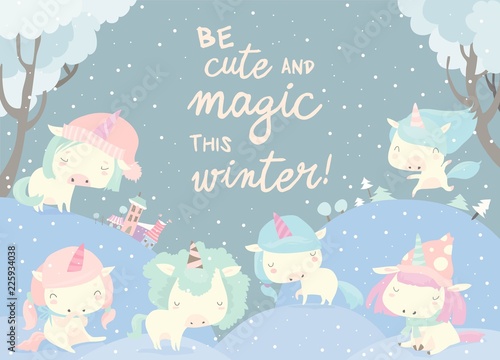 Funny unicorns in snow forest. Magic winter
