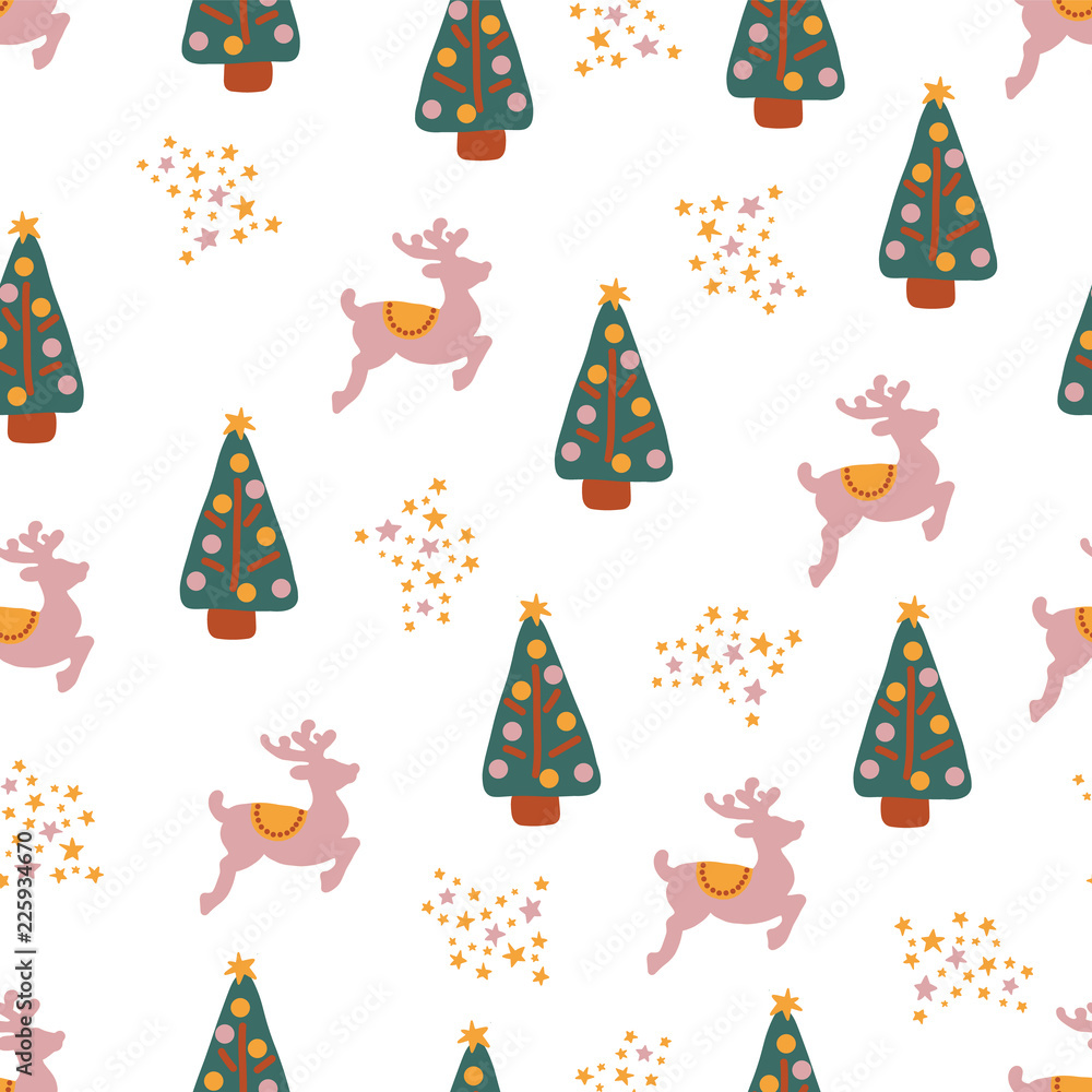 Winter holidays seamless repeat vector pattern hand drawn. Reindeer, Christmas trees, stars on white background. For fabric, gift wrap, packaging, poster, greeting card, party invitation, kids decor Winter holidays seamless repeat vector pattern hand drawn. Reindeer, Christmas trees, stars on white background. For fabric, gift wrap, packaging, poster, greeting card, party invitation, kids decor