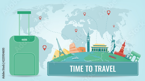Travel composition with famous world landmarks. Travel and Tourism. Concept website template. Vector