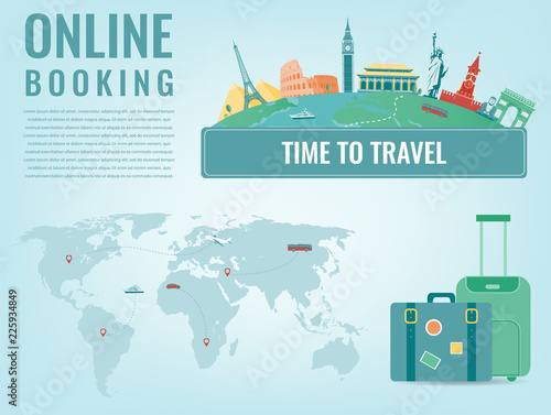 Travel composition with famous world landmarks. Travel and Tourism. Concept website template. Vector