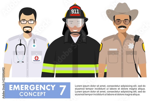 Emergency concept. Detailed illustration of firefighter, doctor and policeman sheriff in uniform standing together in flat style on white background. Vector illustration.
