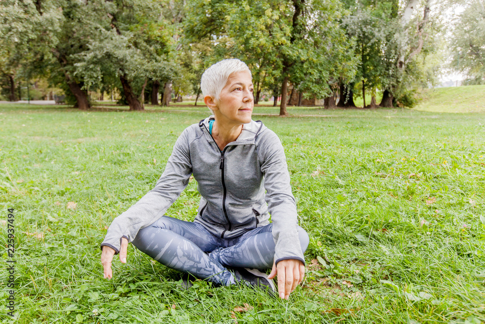 Senior Woman Relax After Exercise In Nature Senior Woman Relax After Exercise In Nature