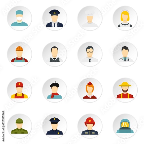 Professions icons set in flat style. People activities set collection vector icons set illustration