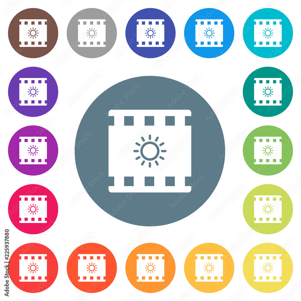 Movie brightness flat white icons on round color backgrounds Movie brightness flat white icons on round color backgrounds