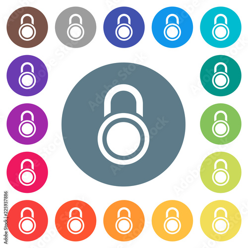 Locked round padlock flat white icons on round color backgrounds