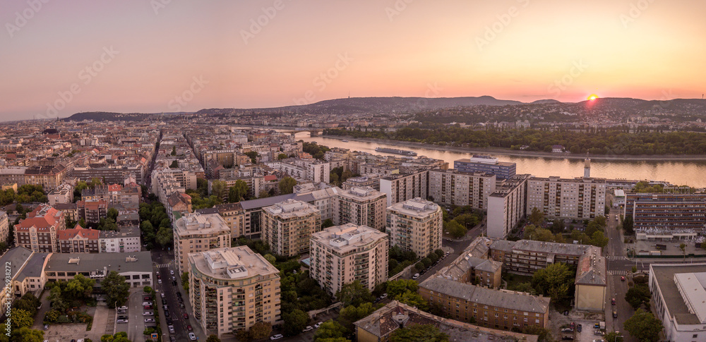 Aerial sunset view of Budapest with apartment buildings