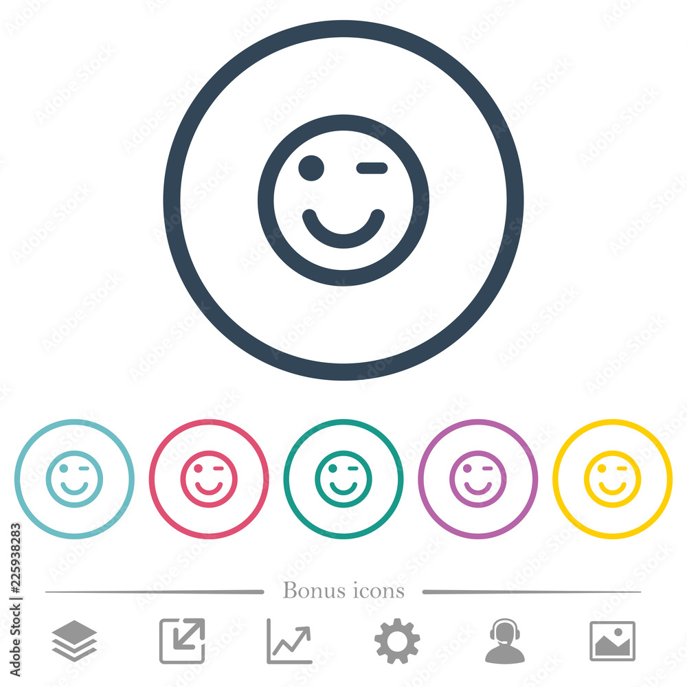 Winking emoticon flat color icons in round outlines