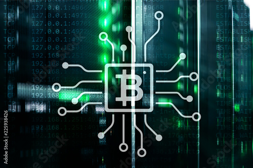 Bitcoin, Blockchain concept on server room background.
