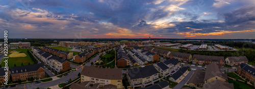 Aerial panorama view of typical east coast town houses with sunset