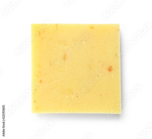 Hand made soap bar on white background, top view