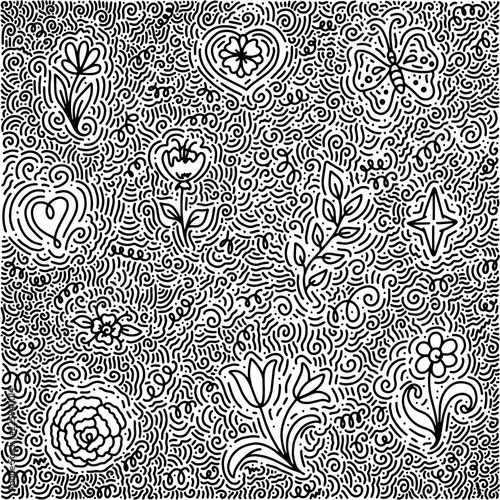 Hand drawn pattern with leaves and flowers. Doodles floral ornament. Black and white decorative elements. Perfect for wallpaper, web page background, surface textures.