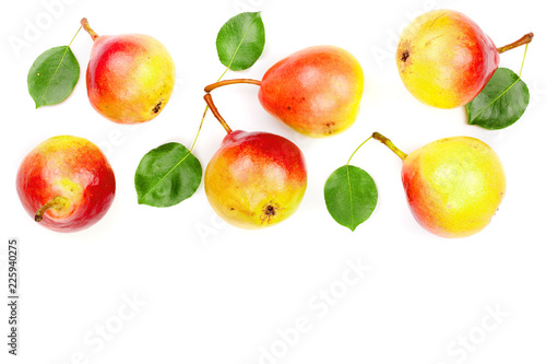 ripe red yellow pear fruits with leaf isolated on white background with copy space for your text. Top view. Flat lay pattern