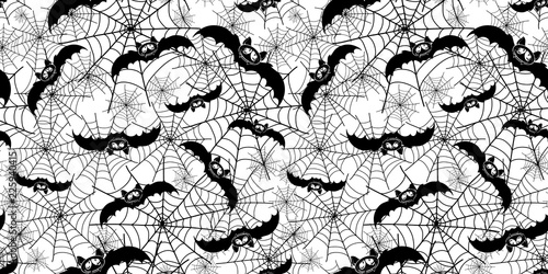 Halloween bats ans spiderweb repeat pattern. Great for spooky holiday wallpaper, backgrounds, invitations, packaging design projects. Surface pattern design.