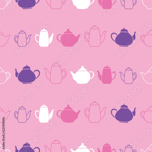 Pink teapots vector repeat pattern. Great for cafe and teahouse wallpaper, backgrounds, invitations, packaging design projects. Surface pattern design.