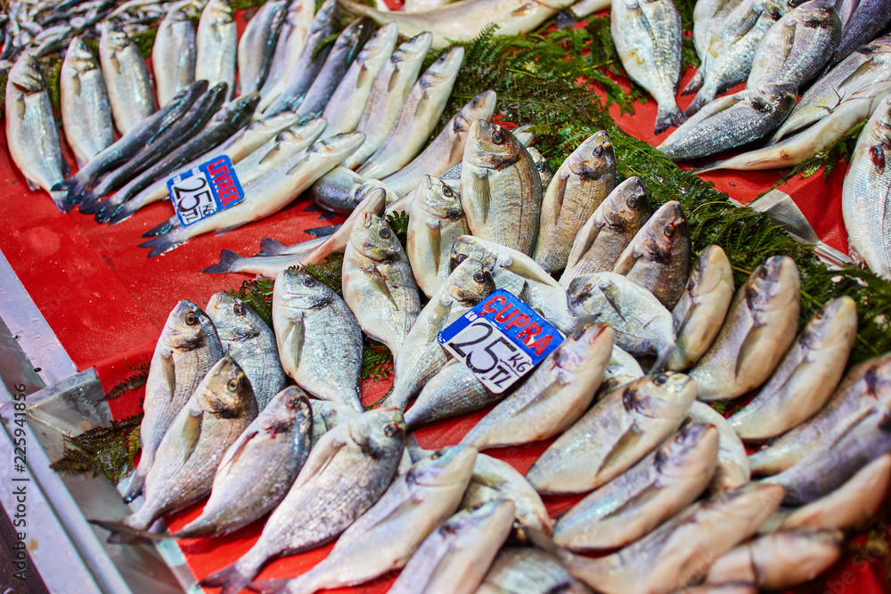 On the street fish market, fresh fish and seafood are sold.