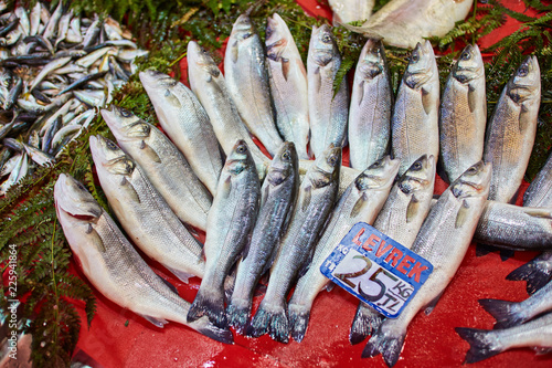 Canvas Print On the street fish market, fresh fish and seafood are sold.