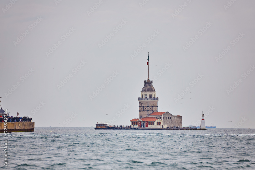 The Maiden's Tower under gray cloudy sky, Bosphorus, Istanbul