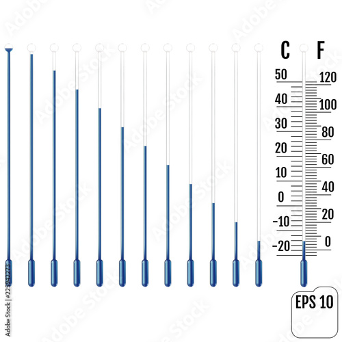 Set of realistic capillary tube with fluid, bulb and overload chamber. Parts of liquid thermometers. Scale of measuring temperature in Celsius and Forengheit. Winter and cold concept.  Vector