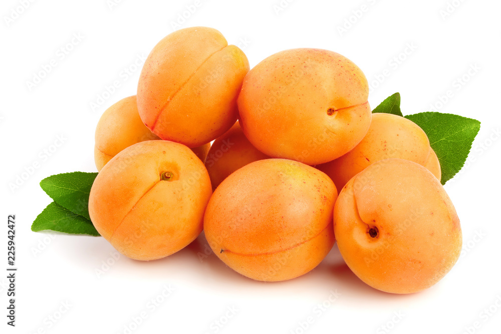 Apricot fruits with leaves isolated on white background macro Apricot fruits with leaves isolated on white background macro