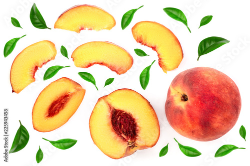 ripe peaches with leaves isolated on white background. Top view. Flat lay pattern