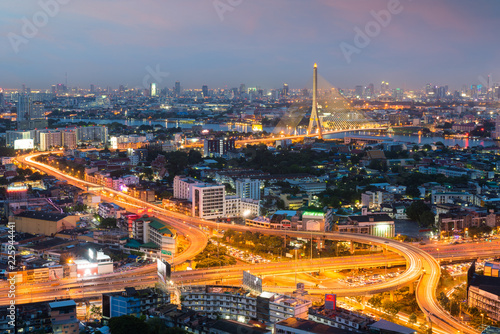 Bangkok cityscape at dusk. Landscape of Bangkok business building around downtown. Modern high building in business district area at night in Thailand..