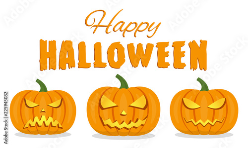 Happy Halloween. Pumpkins with scary faces isolated on white background. Halloween banner, poster, flyer or invitation card. Vector illustration.
