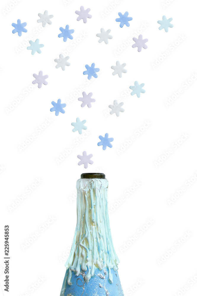 Decorated bottle of champagne and snowflakes. White isolate.