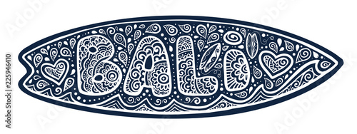 Vector surfboard silhouette with doodle style Bali sign, waves and ornate drops