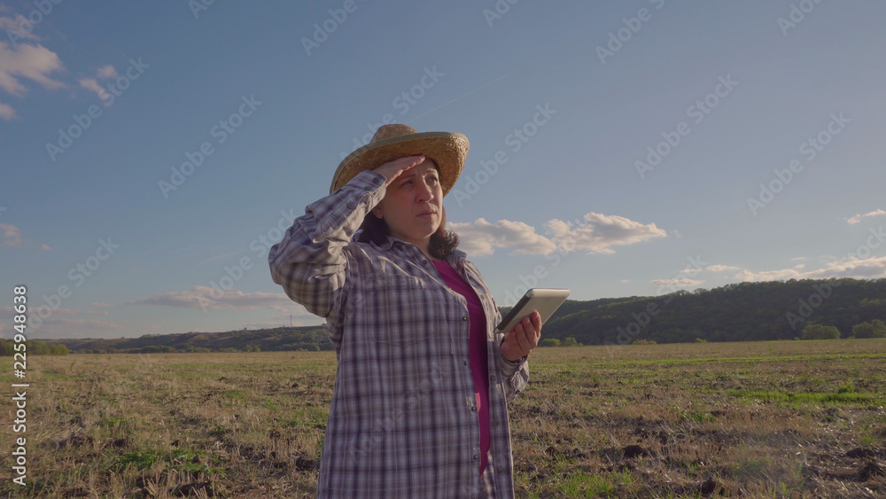 Woman farmer standing in the field. In the hands of an electronic tablet. Warm weather. Sunset. Cleaned field. A rustic appearance. The light of the day. Country place.