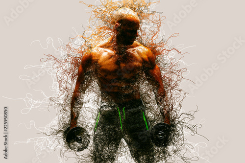 Abstract Strong bodybuilder man pumping up muscles. Bodybuilding Genetics concept background. photo