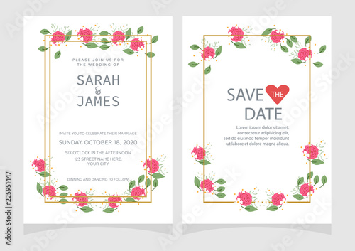 Set of card with flower rose, leaves. Floral poster, invite. Wedding ornament concept. wedding invitation card template Vector illustration.