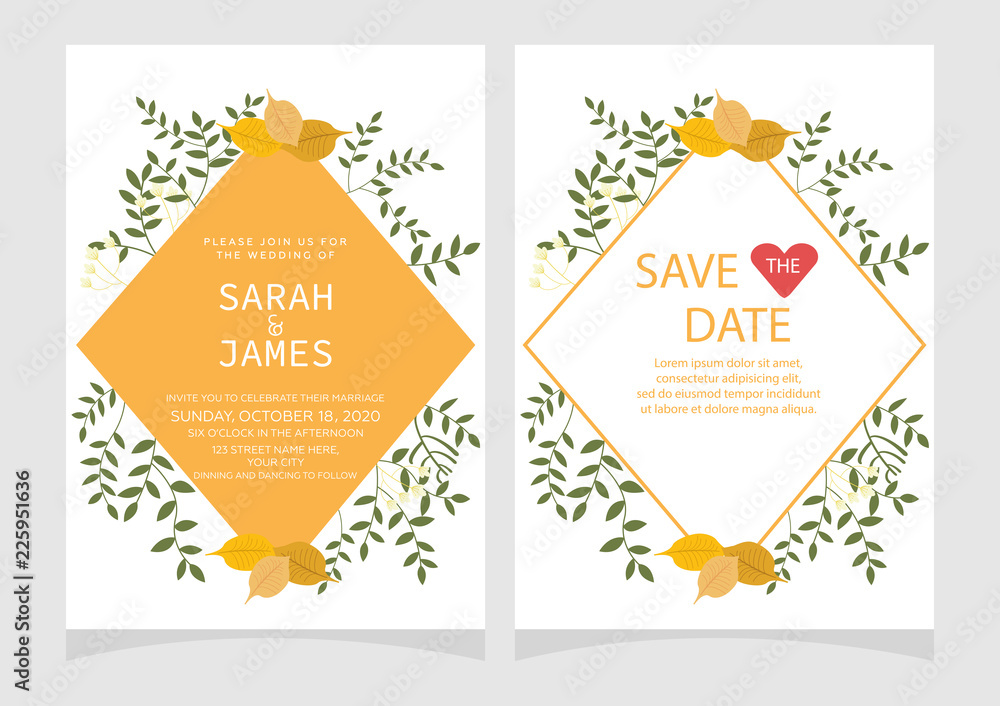 Naklejka premium Set of card with flower rose, leaves. Floral poster, invite. Wedding ornament concept. wedding invitation card template Vector illustration.