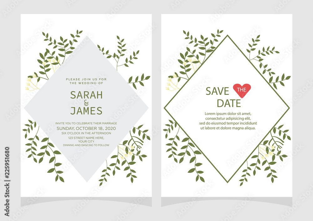 Naklejka premium Set of card with flower rose, leaves. Floral poster, invite. Wedding ornament concept. wedding invitation card template Vector illustration.