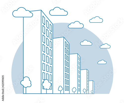 City view with high buildings, clouds, trees, landscape with street blocks, modern residential and tenement houses, linear outline style, vector concept