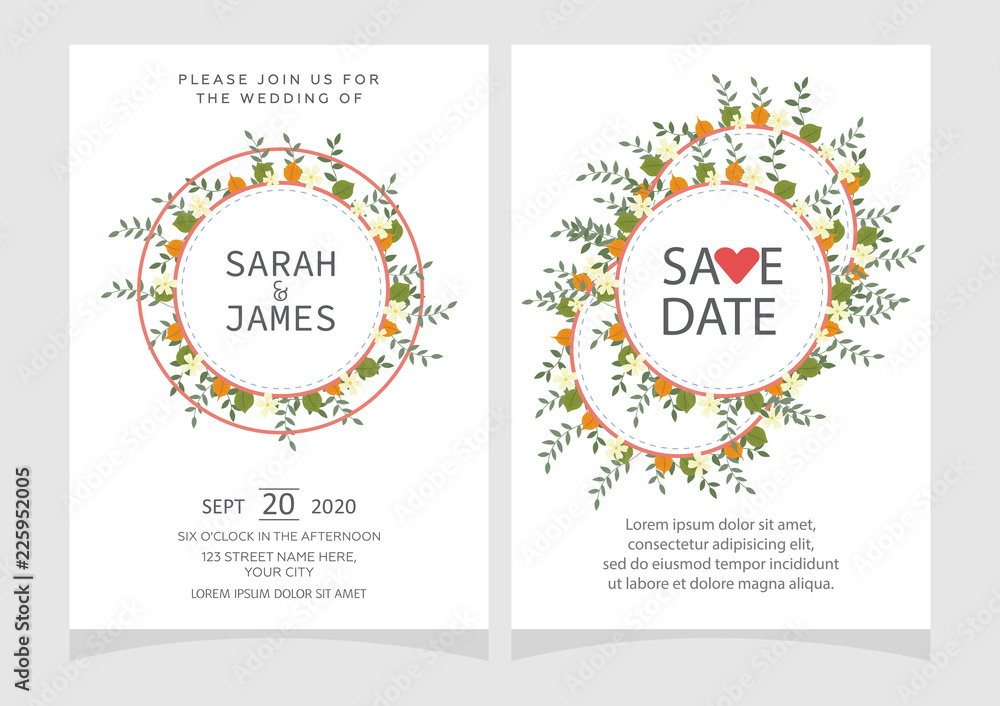 Fototapeta premium Set of card with flower rose, leaves. Floral poster, invite. Wedding ornament concept. wedding invitation card template Vector illustration.