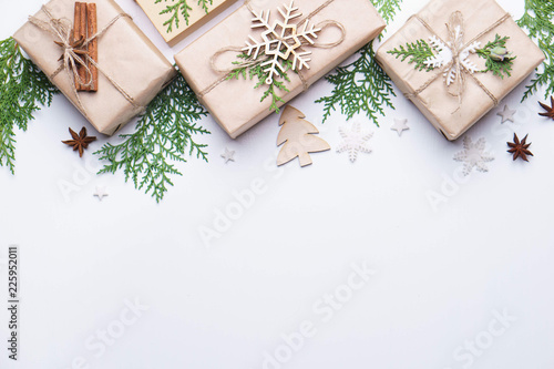 Christmas, New Year, winter holidays festivity and celebration concept. Gift boxes and decorations composition with copy space