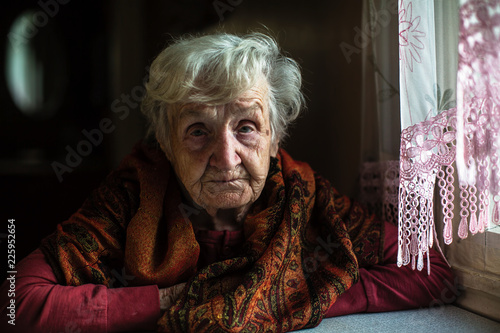 Portrait of elderly woman in her house. Сare of seniors.