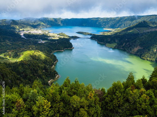 Fototapeta Naklejka Na Ścianę i Meble -  Aerial view of Lagoa Verde and Lagoa Azul - lakes in Sete Cidades volcanic craters on San Miguel island, Azores, Portugal.
