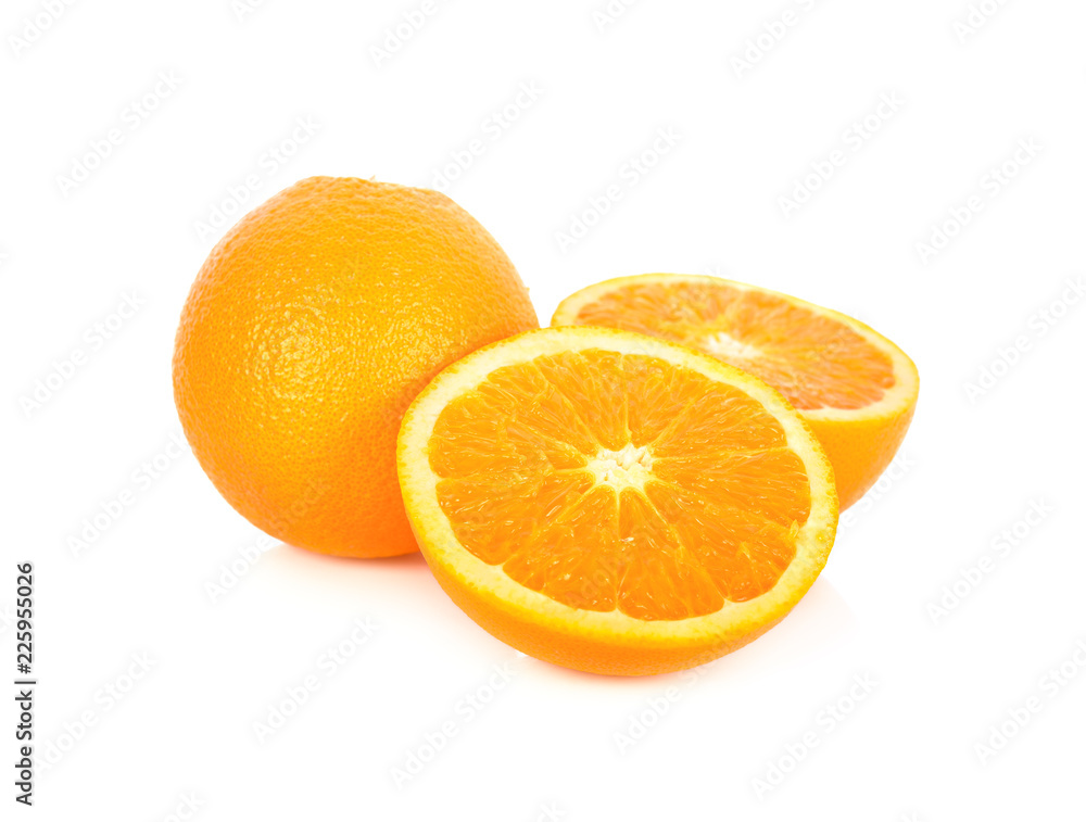 whole and half cut fresh Navel orange on white background