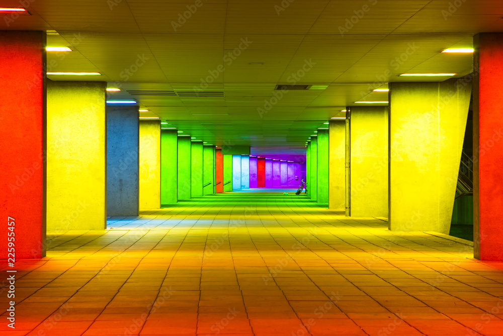 European Scenic Destinations. Tunnel of Changing Light In Rotterdam in The Netherlands. Horizontal Image Composition - obrazy, fototapety, plakaty 