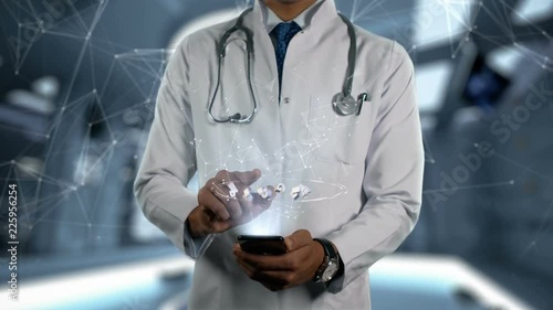 EPTACOG ALFA - Male Doctor With Mobile Phone Opens and Touches Hologram Active Ingrident of Medicine photo