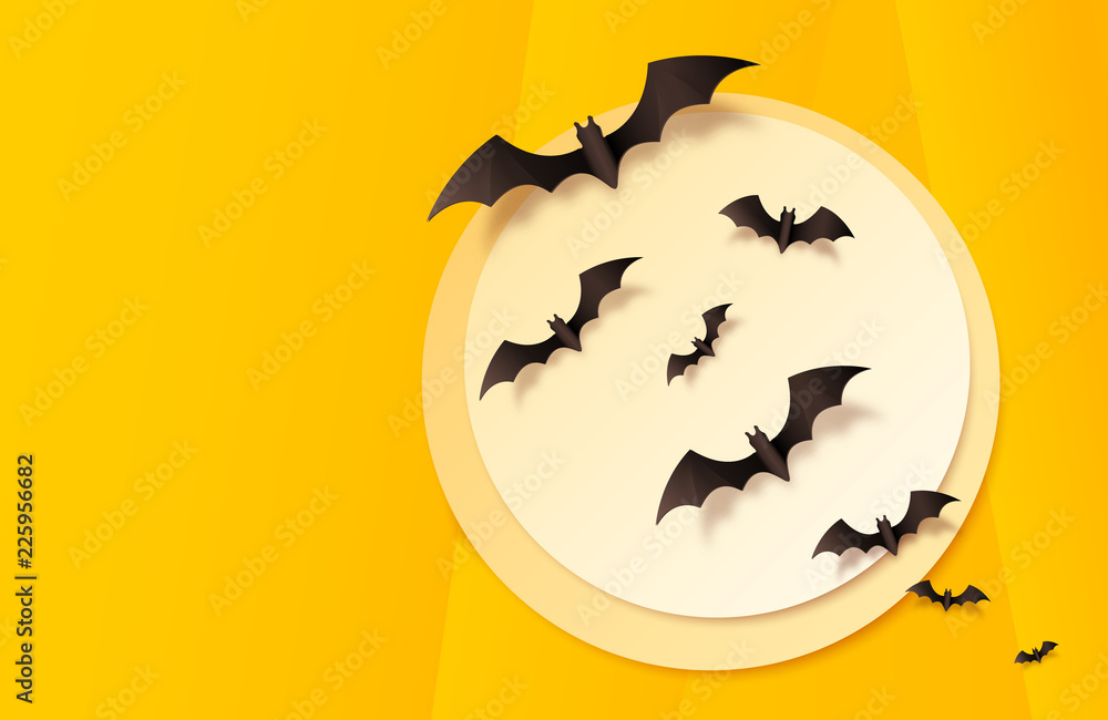 Orange paper style vector Halloween background with big moon and black bats flying across